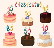 Set of festive decorated cakes with candles figures as numbers. vector