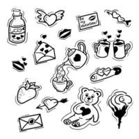 Set of love hand drawn elements. Cute doodle set of icons with hearts, letters, cups, potion, flower. Vector isolated illustration. Design for prints, cards and coloring page