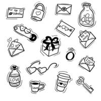 Set of love hand drawn elements. Cute doodle set of icons with hearts, letters, cups, gifts, potion, flower. Vector isolated illustration. Design for prints, cards and coloring page.