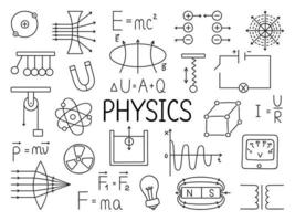 Physics doodle set. Education and study concept. School equipment, formulas, schemes in sketch style. Vector illustration isolated on white background