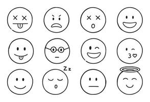 Emoji doodle icons. Set of happy, sad, smiling faces. Funny emoticons in sketch style.  Hand drawn vector illustration isolated on white background