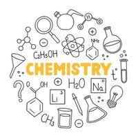 Chemistry doodle set. Chemical laboratory equipment in sketch style. Flasks, formulas, microscope, burner Hand drawn vector illustration isolated on white background