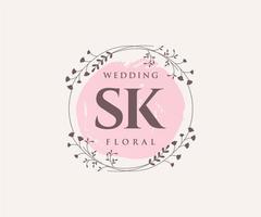 plantilla de logotipos de monograma de boda con letras iniciales sk, plantillas florales y minimalistas modernas dibujadas a mano para tarjetas de invitación, guardar la fecha, identidad elegante. vector