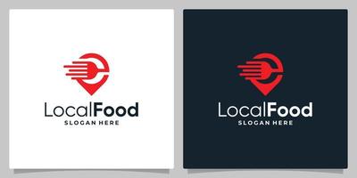 Map pin location symbol with logo a fork spoon and fast speed logo. business card design. vector