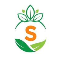Ecology Health On Letter S Eco Organic Logo Fresh, Agriculture Farm Vegetables. Healthy Organic Eco Vegetarian Food Template vector