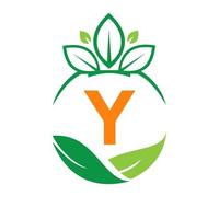 Ecology Health On Letter Y Eco Organic Logo Fresh, Agriculture Farm Vegetables. Healthy Organic Eco Vegetarian Food Template vector