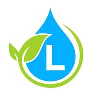 logotipo de hoja ecológica y gota de agua en la plantilla de letra l vector