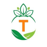 ecología salud en la letra t eco orgánico logo fresco, agricultura granja verduras. plantilla de comida vegetariana ecológica orgánica saludable vector