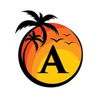 Beach Logo On Letter A Vector Sign. Summer Vacation On Tropical Beach Logotype