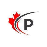 hoja de arce en la plantilla de diseño del logotipo de la letra p. logotipo de empresa canadiense, empresa y signo en hoja de arce roja vector