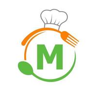 logotipo de la letra m con sombrero de chef, cuchara y tenedor para el logotipo del restaurante. logotipo de restaurante vector