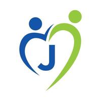 Community Care Logo On Letter J Vector Template. Teamwork, Heart, People, Family Care, Love Logos. Charity Foundation Creative Charity Donation Sign