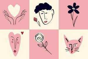 tarjetas del día de san valentín con corazones y símbolos de amor. maravillosos personajes de amor lindos. ilustración vectorial en estilo garabato vector