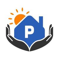 concepto de logotipo inmobiliario letra p con sol, casa y plantilla de mano. vector de elemento de logotipo de casa segura