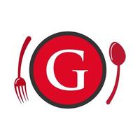 logotipo del restaurante en el vector del concepto de cuchara y tenedor de la letra g