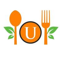 Restaurant Logo On Letter U Template. Spoon and Fork, Leaf Symbol for Kitchen Sign, Cafe Icon, Restaurant, Cooking Business Vector