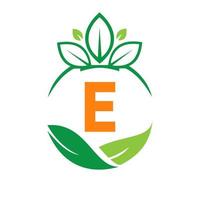 ecología salud en la letra e eco orgánico logo fresco, agricultura granja verduras. plantilla de comida vegetariana ecológica orgánica saludable vector