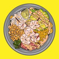 vector illustration of a bowl of shrimp, avocado and other toppings