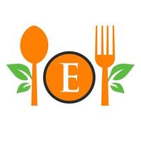 Restaurant Logo On Letter E Template. Spoon and Fork, Leaf Symbol for Kitchen Sign, Cafe Icon, Restaurant, Cooking Business Vector