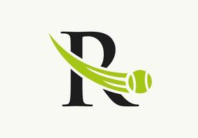 plantilla de diseño de logotipo de tenis con letra r. logotipo del club de la academia deportiva de tenis vector