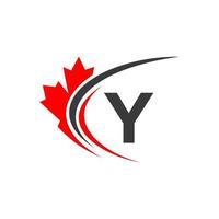 hoja de arce en la plantilla de diseño del logotipo de la letra y. logotipo de empresa canadiense, empresa y signo en hoja de arce roja vector