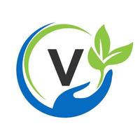 Hand On Letter V Logo Design. Healthcare Care, Foundation with Hand Symbol vector