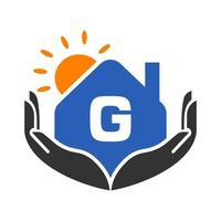 concepto de logotipo inmobiliario letra g con sol, casa y plantilla de mano. vector de elemento de logotipo de casa segura