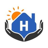 letra h concepto de logotipo inmobiliario con sol, casa y plantilla de mano. vector de elemento de logotipo de casa segura