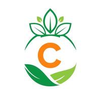 Ecology Health On Letter C Eco Organic Logo Fresh, Agriculture Farm Vegetables. Healthy Organic Eco Vegetarian Food Template vector