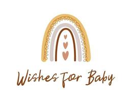 Wishes for baby. Boho baby shower game template with cute pastel rainbow. Gender neutral baby shower card. Cute modern rainbow. Graphic element Banner for kids birthday. Boho chic vector illustration.