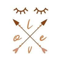 Stylized face from eyes arrows text Love Simple hand drawn trendy line portrait art. Funny print for clothes, textile, bags, cards. Vector illustration. Tribal boho logo, icon. Romantic Love quote.