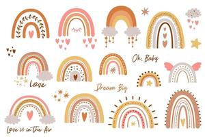 Baby rainbow set. Rainbow kids design pastel shapes Hand drawn cute rainbows collection doodle sweet elements. Boho rainbow vector illustration isolated shapes. Baby shower decor, clouds, star, heart.