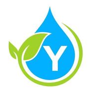 logotipo de hoja ecológica y gota de agua en la plantilla de letra y vector