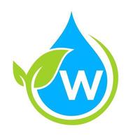 logotipo de gota de agua y hoja ecológica en plantilla de letra w vector