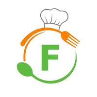 logotipo de la letra f con sombrero de chef, cuchara y tenedor para el logotipo del restaurante. logotipo de restaurante vector