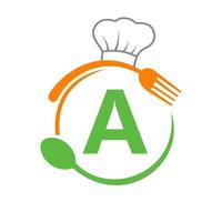 letra un logo con sombrero de chef, cuchara y tenedor para el logo del restaurante. logotipo de restaurante vector