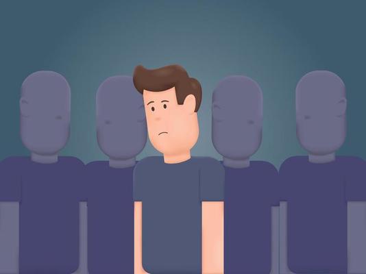 3D Unhappy young man feel lonely abandoned in crowd