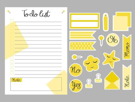 To-do list template. Set of to do list and stickers. Template for agenda, planners, checklists, notebooks, cards and other stationery. Event planner template. Layout in A6.