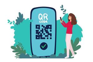 icono de escaneo de código qr de la página de destino del banner en el teléfono inteligente. mano que sostiene el teléfono móvil en línea, escáner de código de barras para pagar, web, aplicación móvil, promoción. ilustración vectorial vector