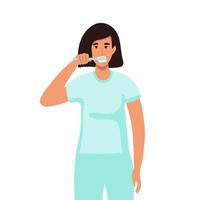 Little girl brushing his teeth. Brushing teeth for oral hygiene. Clean white tooth. Healthy teeth. vector