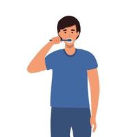 Cartoon little boy brushing his teeth isolated on white vector