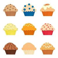 Muffins set with different toppings. Blueberries, carrot, lemon, pumpkin, strawberry, chocolate, apple, cinnamon and banana fillings. Vector illustration on white background.
