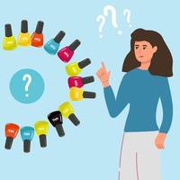 Modern art collage. woman is thinking about choosing nail polish. She has a lot of nail polish and wants to buy another one. Flour choice nail polish. Manicure. Surrealism, exaggeration, comparison. vector