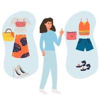 Smiling woman choosing what clothes for wearing vector flat illustration. Happy modern female making choice between casual clothing stylish outfit isolated. Daily decision outerwear,