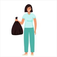 Happy woman throws away trash into green trash bin with recycling symbol. Vector illustration isolated from background