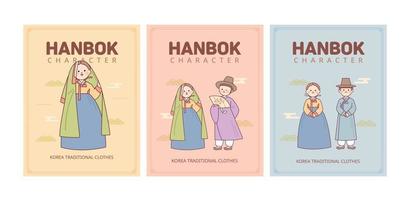 tarjeta de afiche de personaje de pareja con traje tradicional coreano hanbok. vector