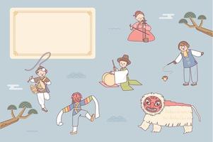 Characters showing traditional Korean culture. There is a blank space in the background decorated with traditional objects. blue color vector