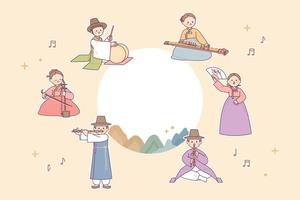 Korean traditional music performance. Musicians are playing traditional instruments. vector