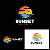 logotipo de puesta de sol, diseño de playa, ilustración de río y sol, vector disfrutando del crepúsculo