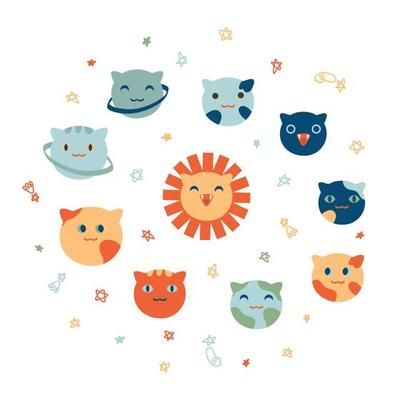 A solar system with planets in the form of cats. Cute childish print for tee, stickers, posters.